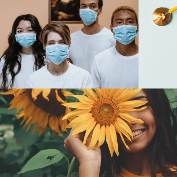 Doctors wearing masks, woman with sunflower, heart and stethoscope