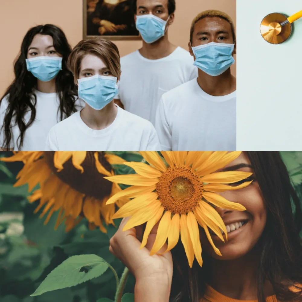 Doctors wearing face masks, stethoscope with heart, woman with sunflower
