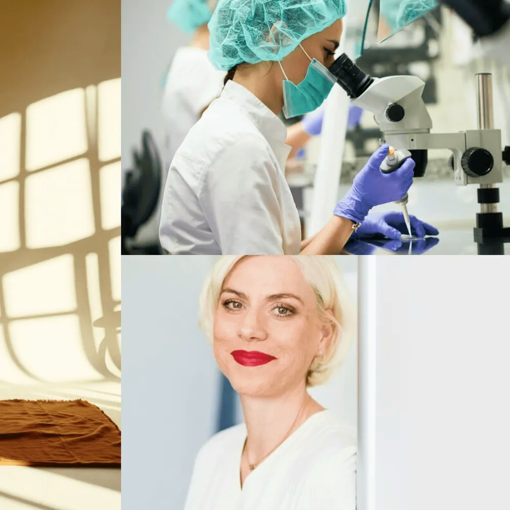 woman doing yoga, doctor wearing red lipstick, doctors in laboratory looking through microscopes
