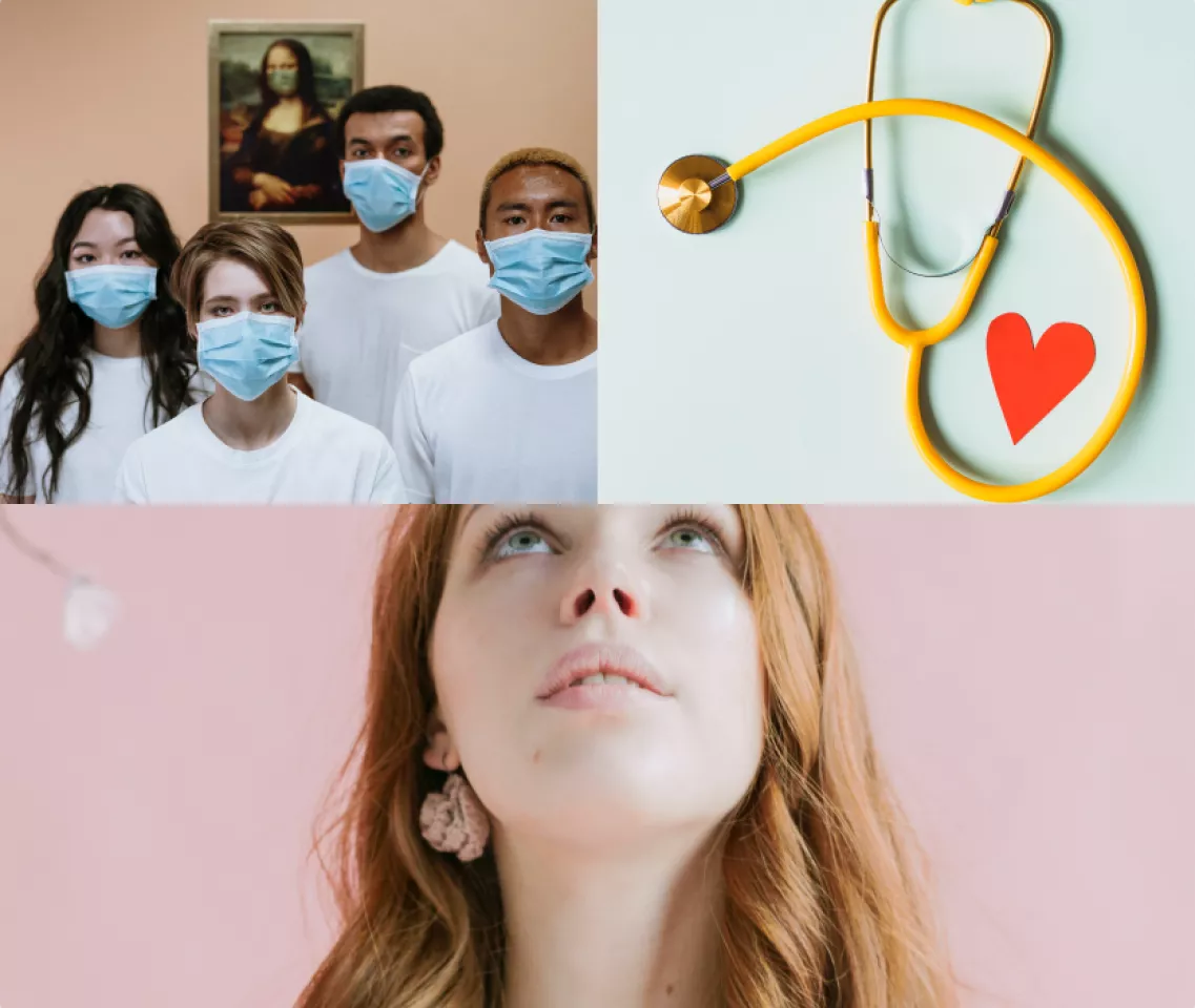 Team of doctors, stethoscope and heart, woman looking up