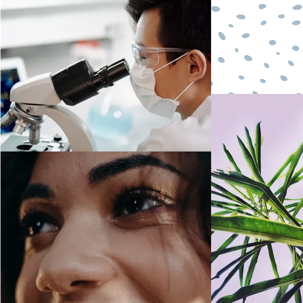 doctor examining sample, woman's eyes, plant