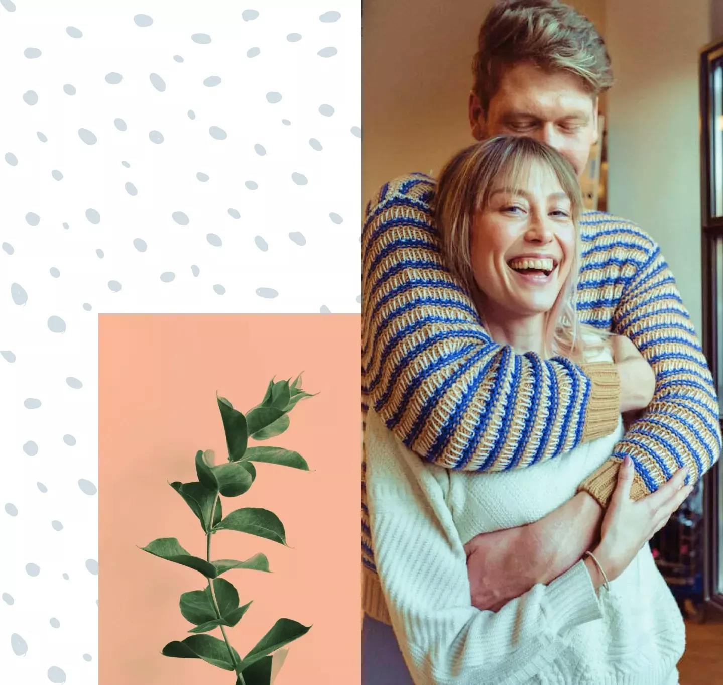 man hugging woman from behind, plant