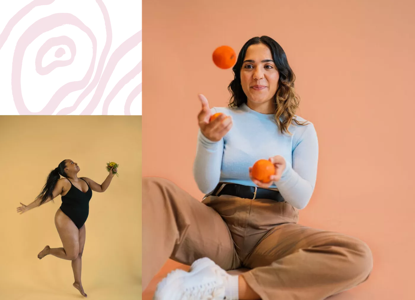 woman jumping and woman with oranges