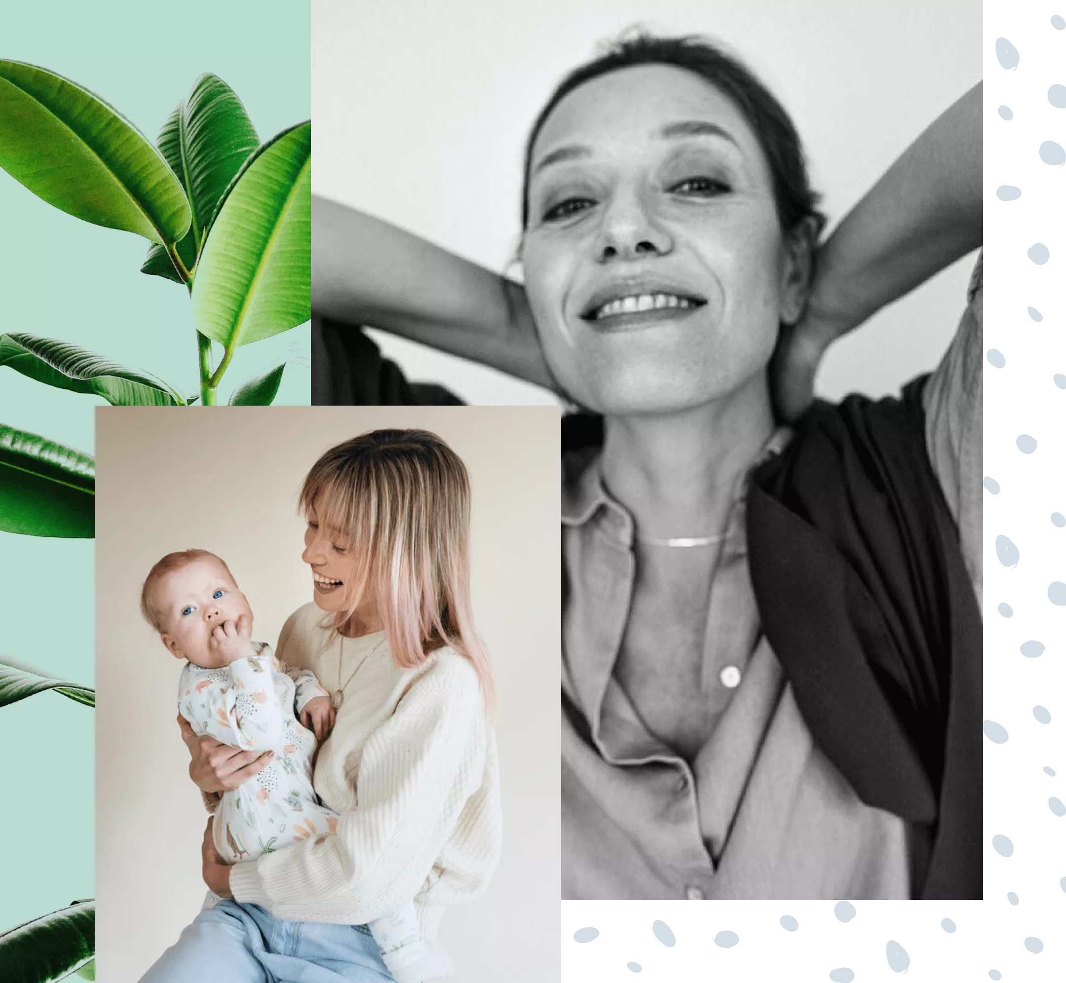 Woman smiling, mother with baby, plant