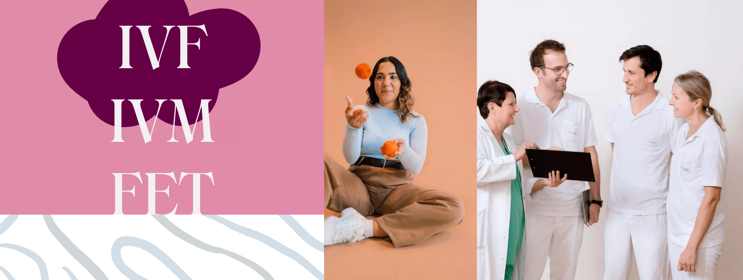 IVF treatments, woman juggling oranges, team of doctors