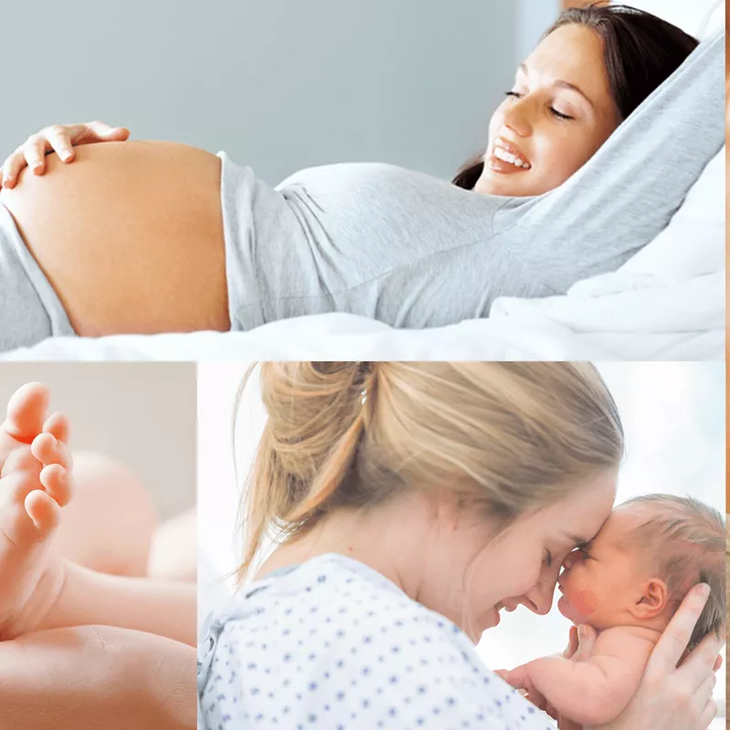 Donna incinta che si accarezza la pancia; Piedi di neonato tra le mani di un adulto; Donna con un neonato in braccio; Donna che guarda un test di gravidanza