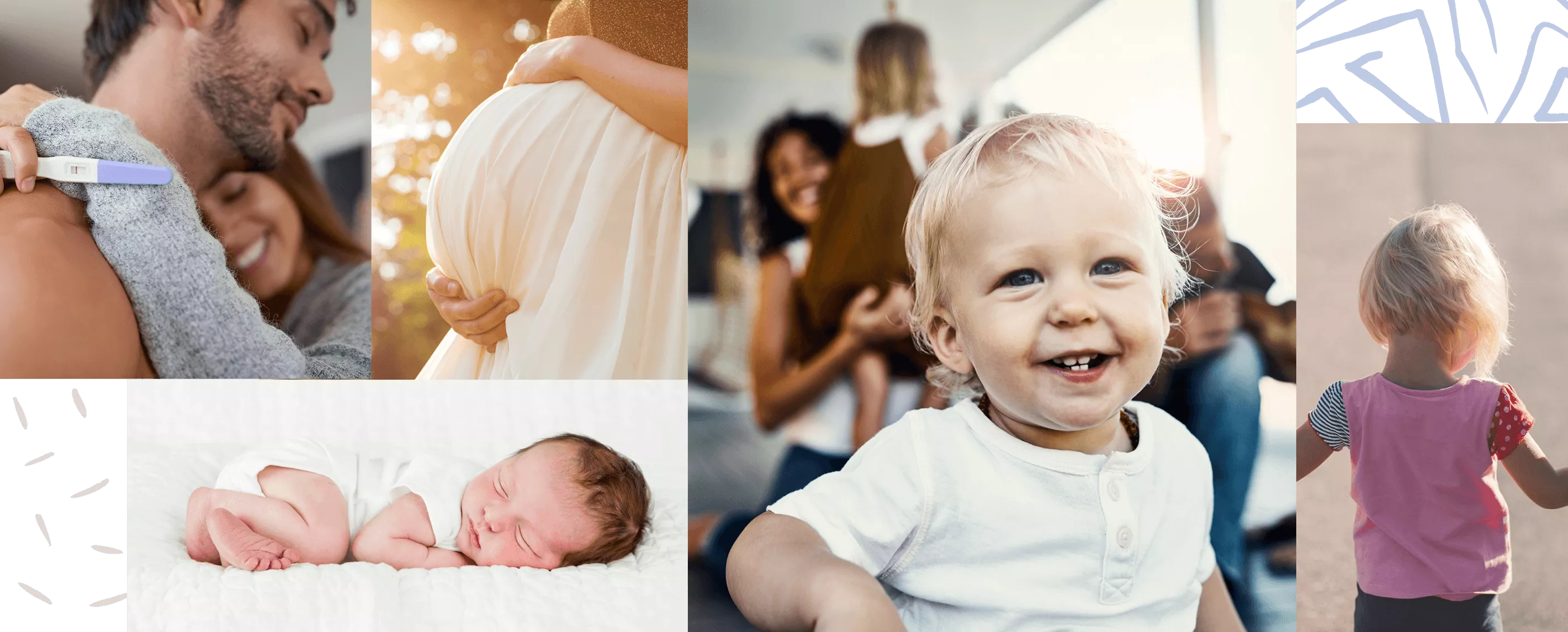 Collage di immagini: coppia con un test di gravidanza positivo; pancia di donna incinta; neonato; bambino sorridente