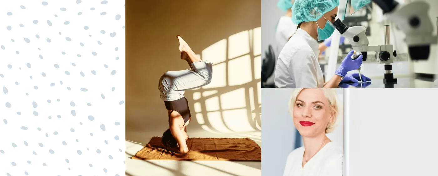 woman doing yoga, doctor in red lipstick smiling, doctors looking through microscopes